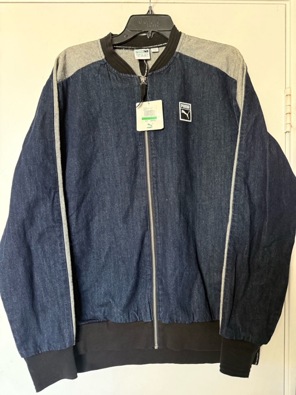 Puma Men’s Navy Denim Bomber Jacket with Gray Panels
